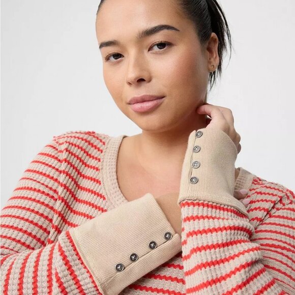 Torrid Crewneck Tee Top Striped Waffle Knit Long Sleeve Beige Tan Red Plus Sz 4X - Picture 2 of 14